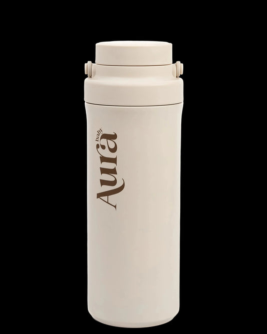 Beige insulated bottle with Aura Baby branding on a white background