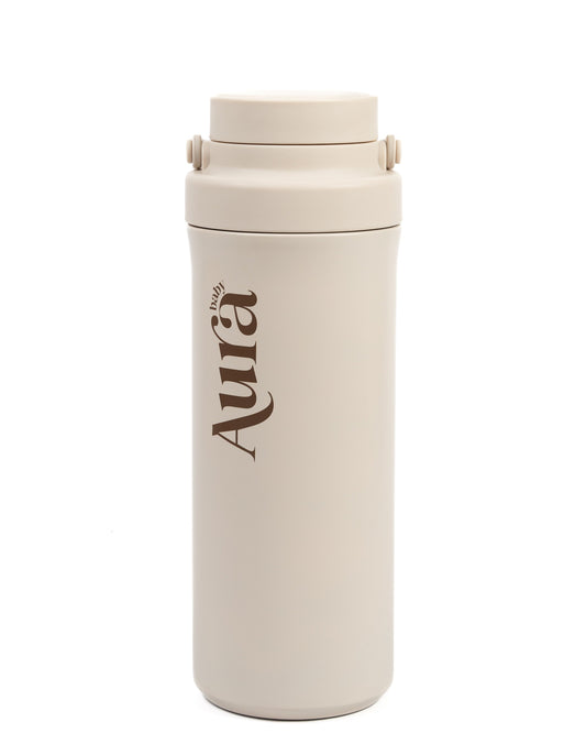 Beige insulated bottle with Aura Baby branding on a white background